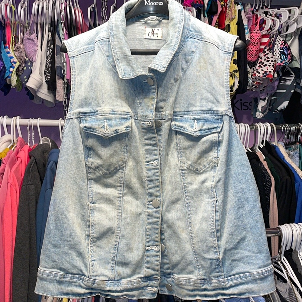 Vintage Denim Biker Cut vest Jean jacket vest aged look button up pockets nosize
